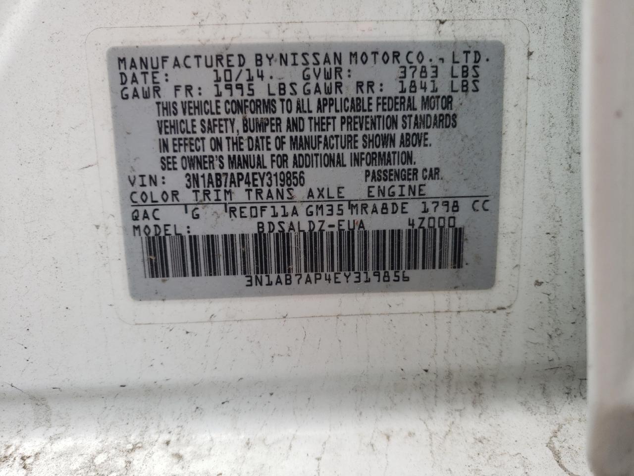 Photo 10 from auction – 2014 NISSAN SENTRA S with VIN 3N1AB7AP4EY319856