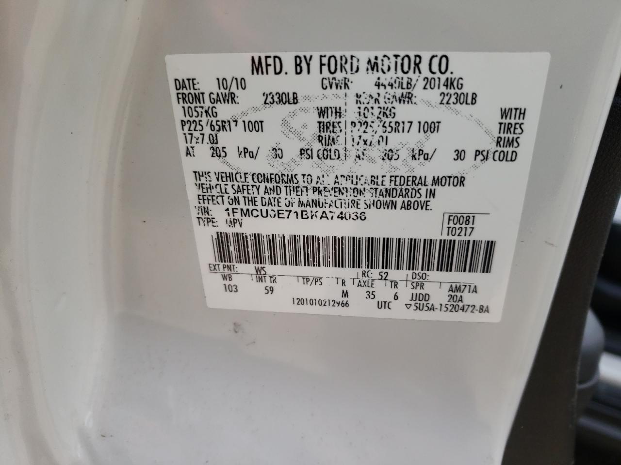 Photo 20 from auction – 2011 FORD ESCAPE LIM with VIN 1FMCU0E71BKA74036