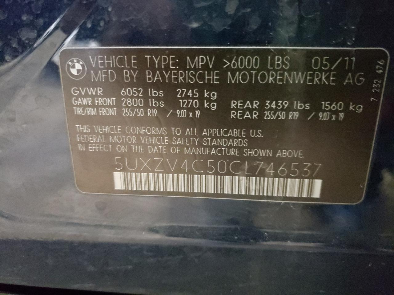 Photo 10 from auction – 2012 BMW X5 XDRIVE3 with VIN 5UXZV4C50CL746537