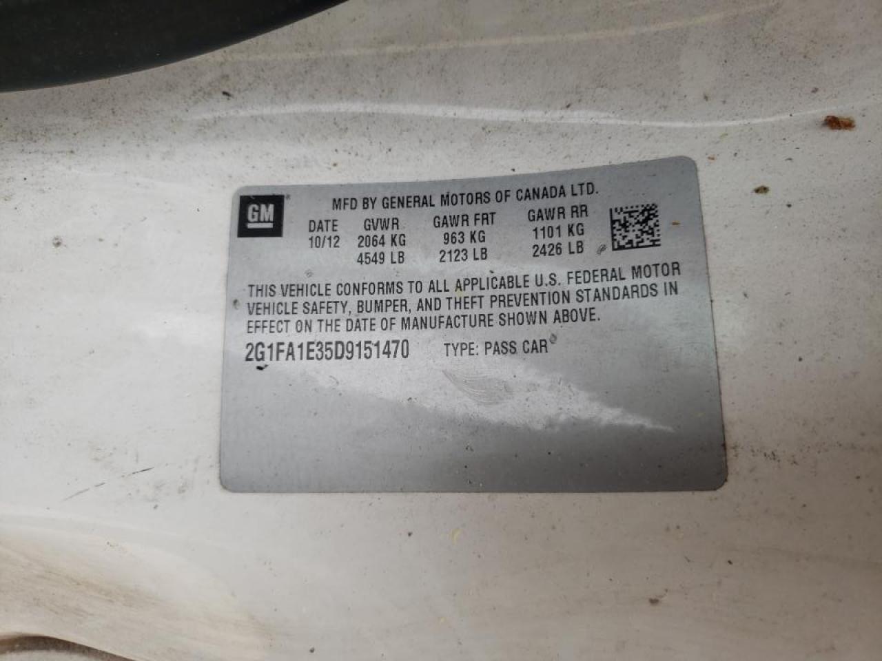 Photo 10 from auction – 2013 CHEVROLET CAMARO LS with VIN 2G1FA1E35D9151470