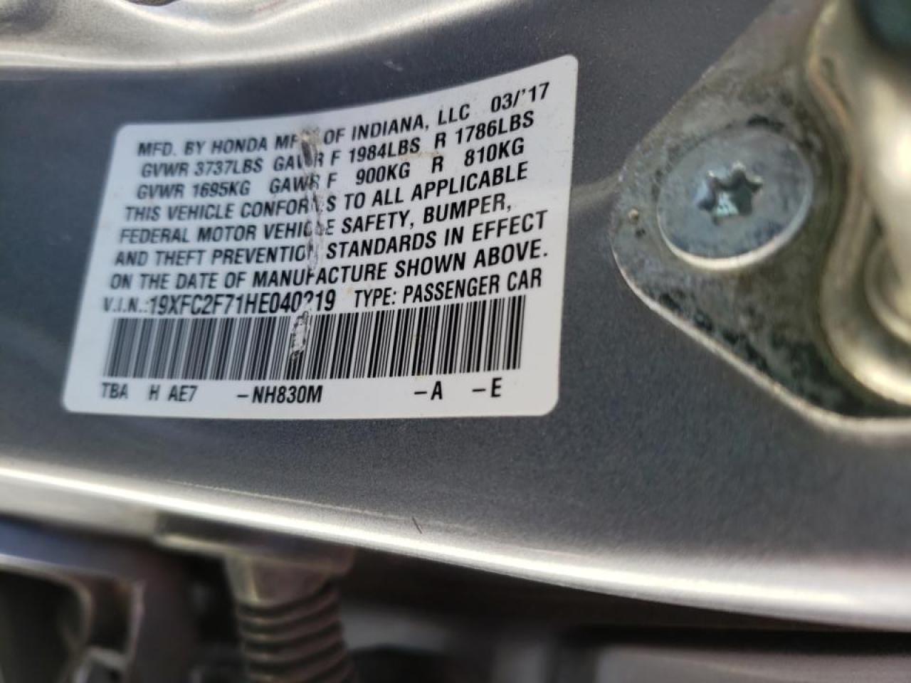 Photo 10 from auction – 2017 HONDA CIVIC EX with VIN 19XFC2F71HE040219