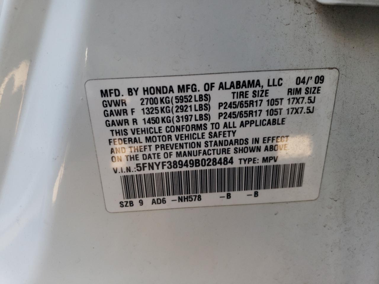 Photo 10 from auction – 2009 HONDA PILOT TOUR with VIN 5FNYF38949B028484