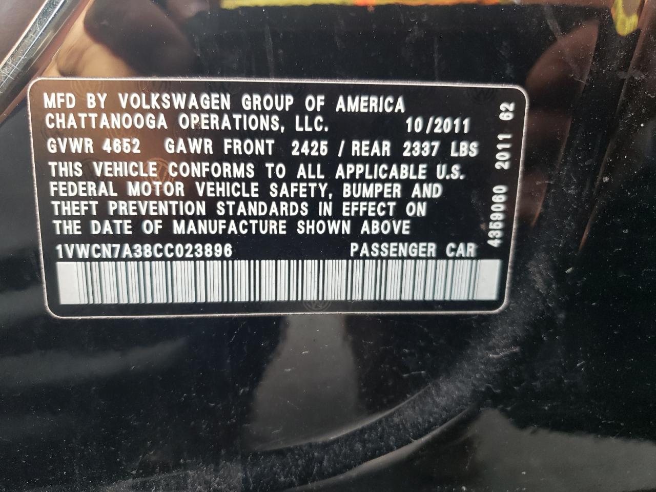 Photo 10 from auction – 2012 VOLKSWAGEN PASSAT SEL with VIN 1VWCN7A38CC023896