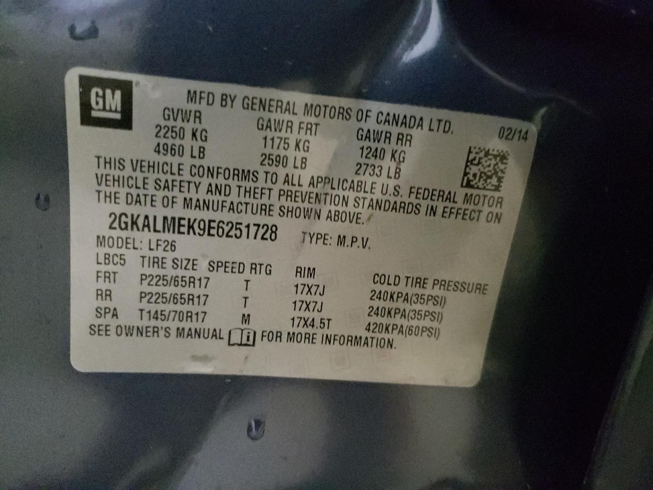 Photo 10 from auction – 2014 GMC TERRAIN SL with VIN 2GKALMEK9E6251728