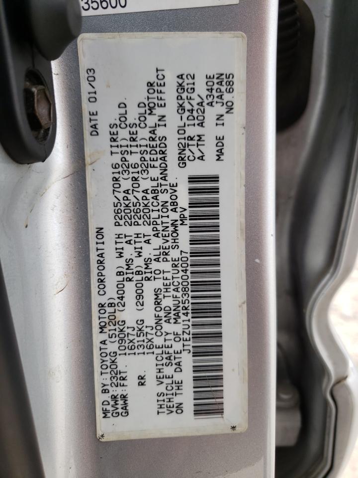 Photo 10 from auction – 2003 TOYOTA 4RUNNER SR with VIN JTEZU14R538004007