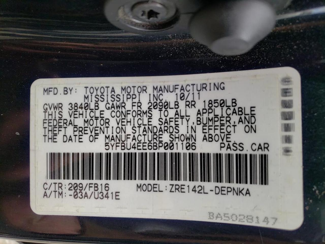 Photo 10 from auction – 2011 TOYOTA COROLLA BA with VIN 5YFBU4EE6BP001106
