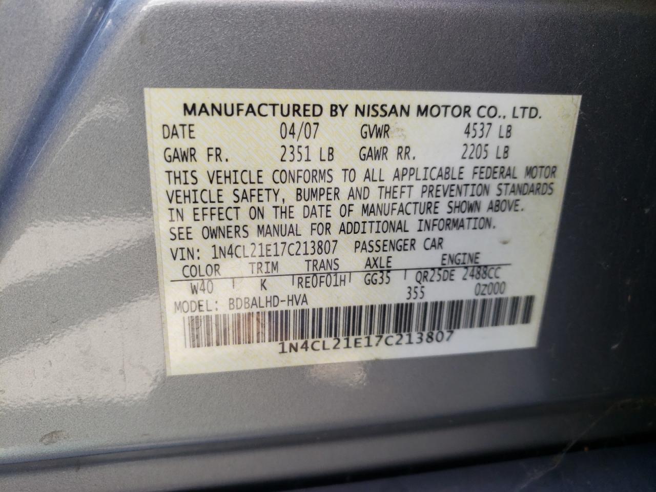 Photo 10 from auction – 2007 NISSAN ALTIMA HYB with VIN 1N4CL21E17C213807