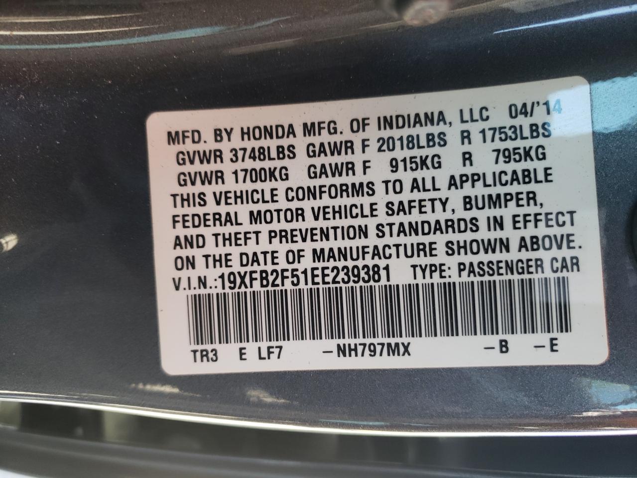 Photo 10 from auction – 2014 HONDA CIVIC LX with VIN 19XFB2F51EE239381