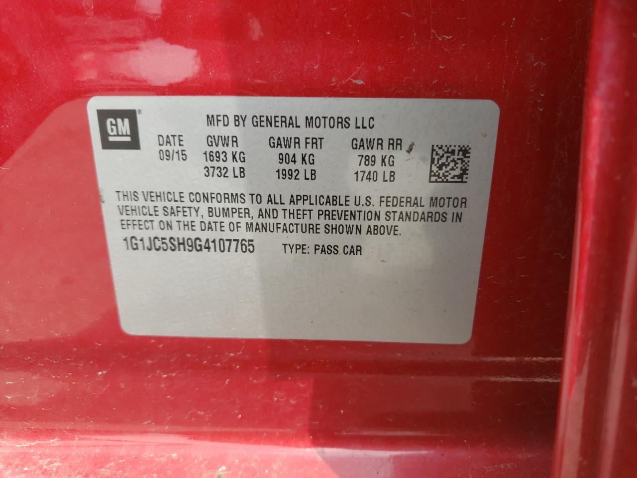 Photo 10 from auction – 2016 CHEVROLET SONIC LT with VIN 1G1JC5SH9G4107765