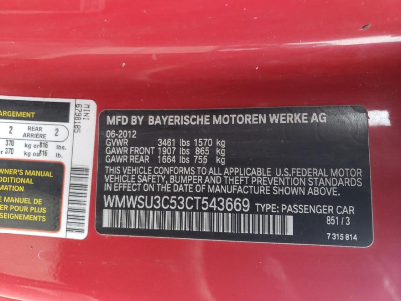 Photo 10 from auction – 2012 MINI COOPER with VIN WMWSU3C53CT543669