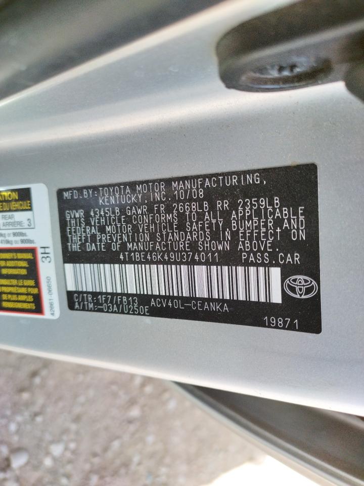 Photo 10 from auction – 2009 TOYOTA CAMRY BASE with VIN 4T1BE46K49U374011
