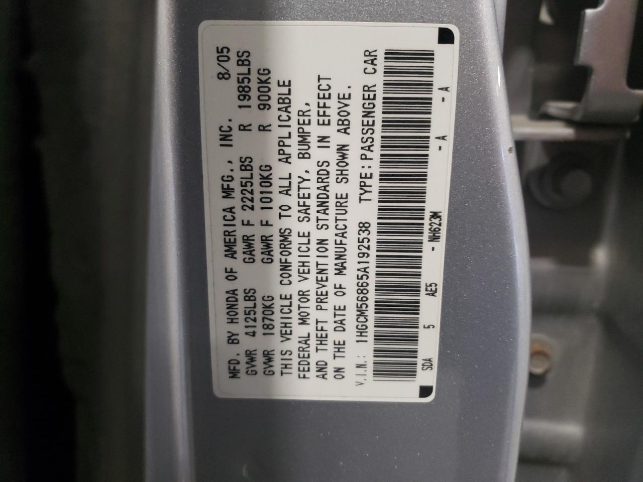 Photo 10 from auction – 2005 HONDA ACCORD EX with VIN 1HGCM56865A192538