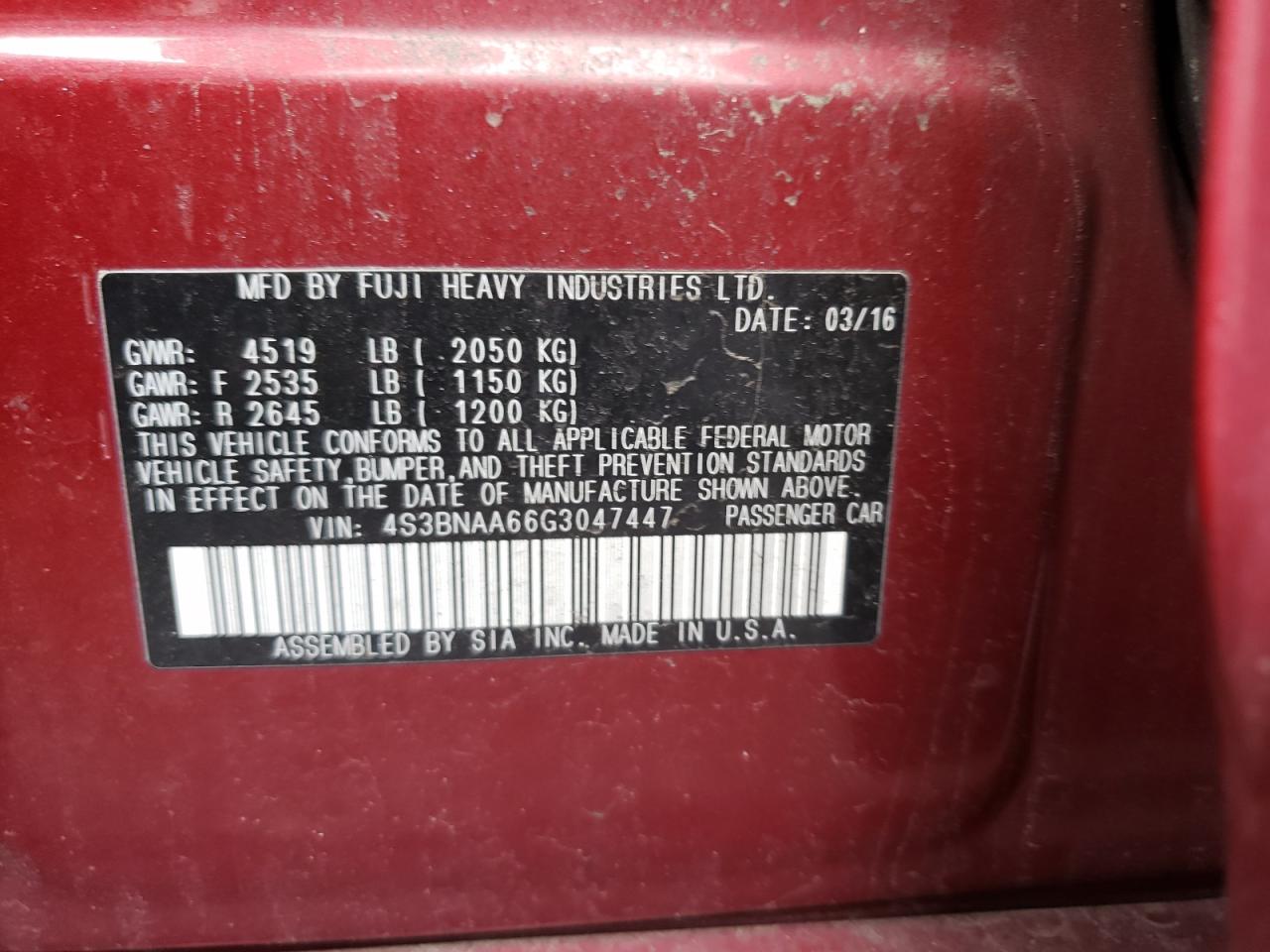 Photo 10 from auction – 2016 SUBARU LEGACY 2.5 with VIN 4S3BNAA66G3047447