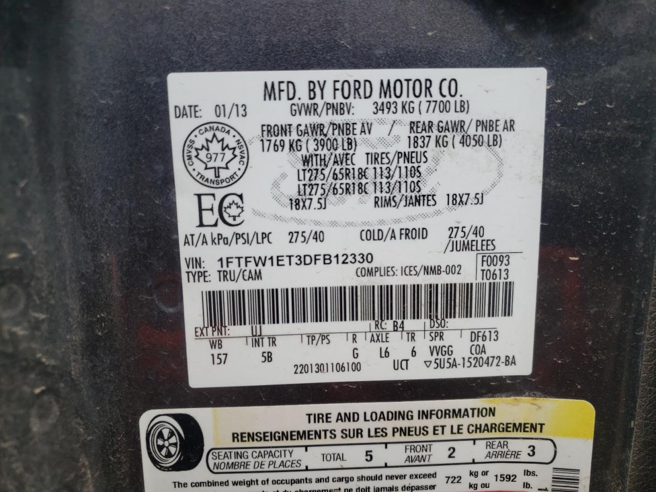 Photo 10 from auction – 2013 FORD F150 SUPER with VIN 1FTFW1ET3DFB12330