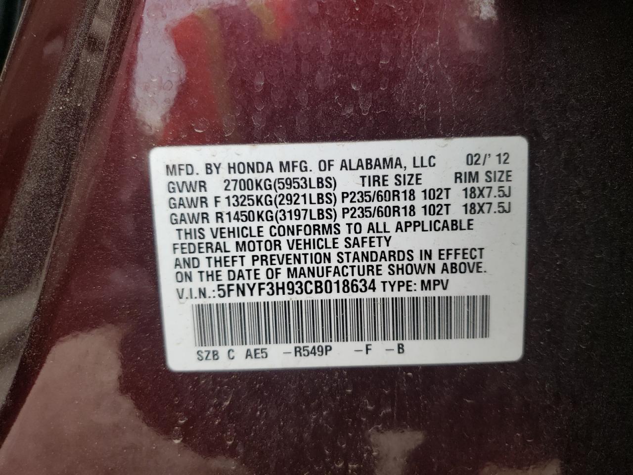 Photo 10 from auction – 2012 HONDA PILOT TOUR with VIN 5FNYF3H93CB018634