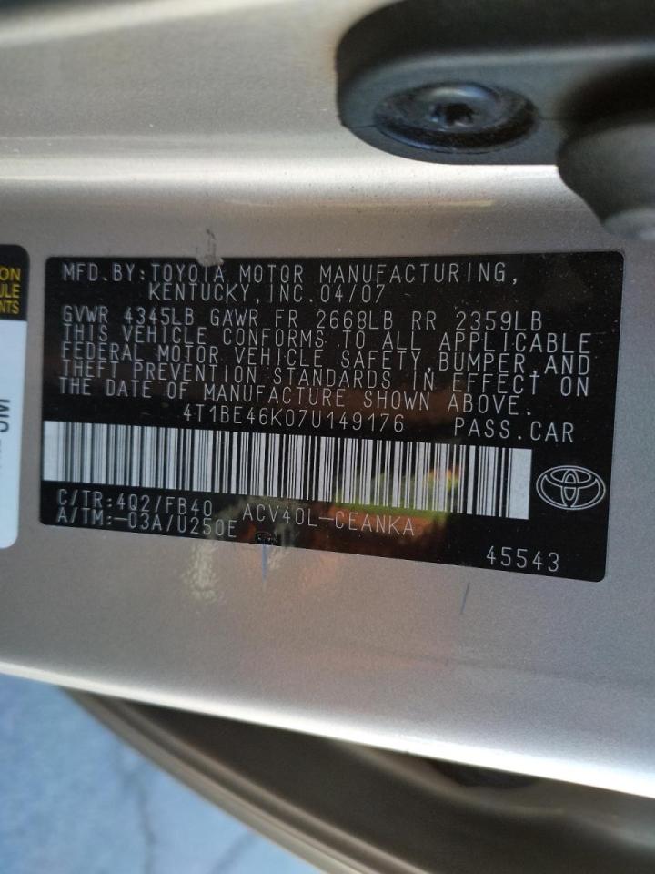 Photo 10 from auction – 2007 TOYOTA CAMRY CE with VIN 4T1BE46K07U149176