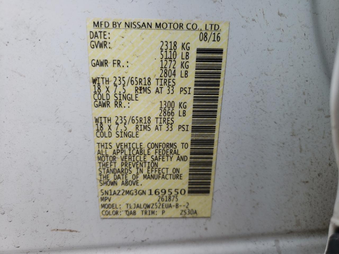 Photo 10 from auction – 2016 NISSAN MURANO S with VIN 5N1AZ2MG3GN169550