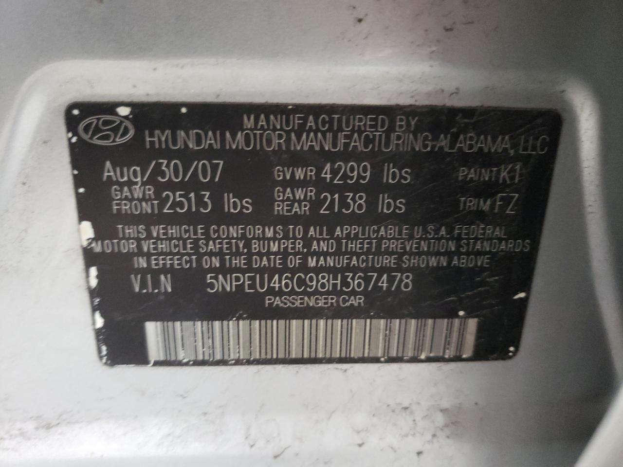 Photo 10 from auction – 2008 HYUNDAI SONATA SE with VIN 5NPEU46C98H367478