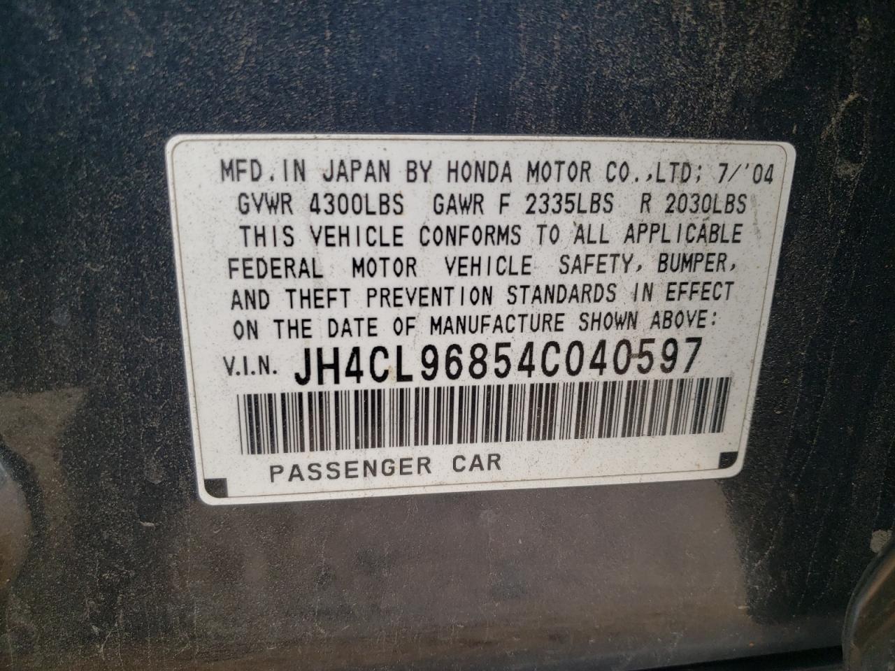 Photo 10 from auction – 2004 ACURA TSX with VIN JH4CL96854C040597