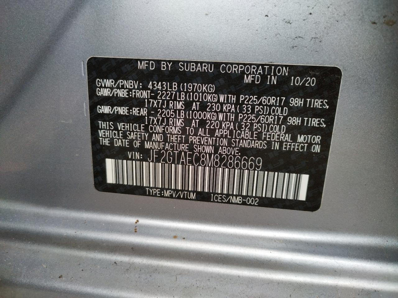 Photo 10 from auction – 2021 SUBARU CROSSTREK with VIN JF2GTAEC8M8286669