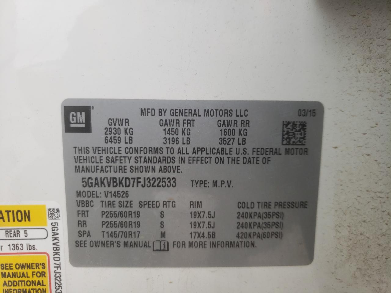 Photo 10 from auction – 2015 BUICK ENCLAVE with VIN 5GAKVBKD7FJ322533