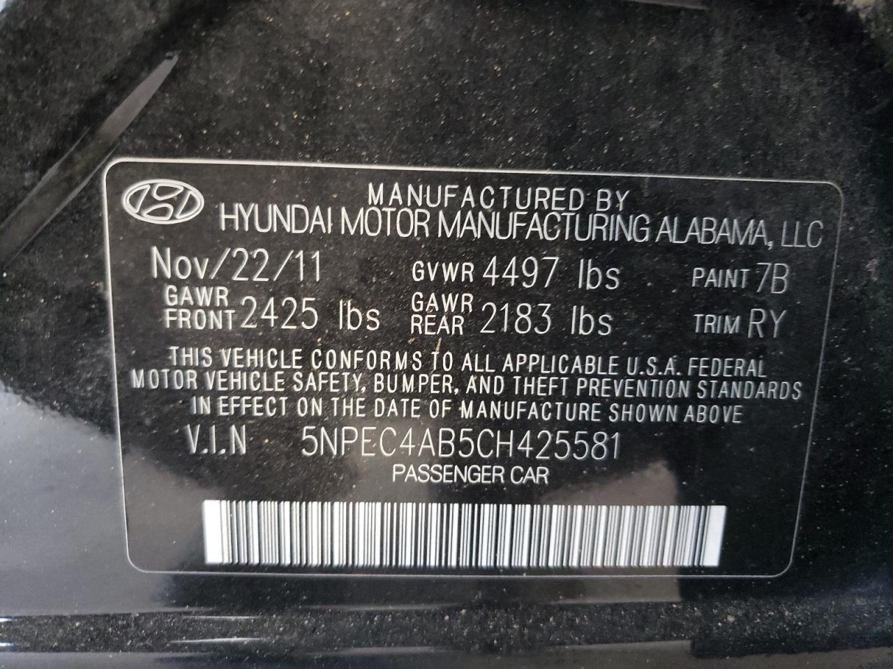 Photo 10 from auction – 2012 HYUNDAI SONATA SE with VIN 5NPEC4AB5CH425581