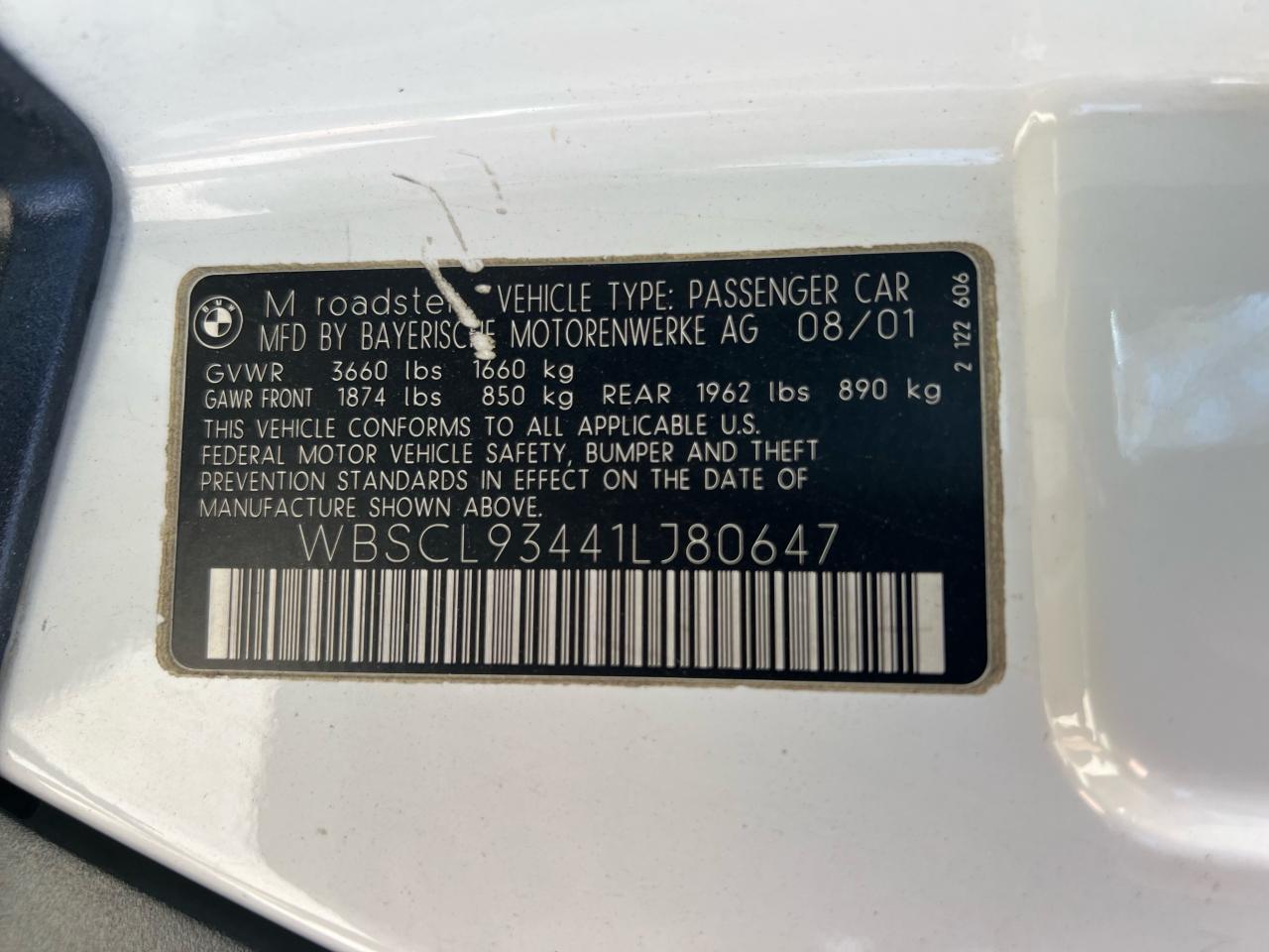 Photo 10 from auction – 2001 BMW M ROADSTER with VIN WBSCL93441LJ80647