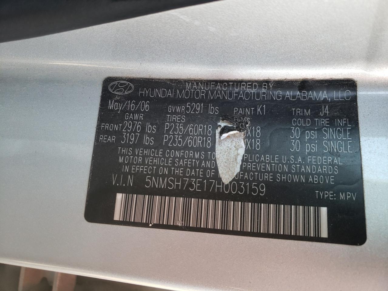 Photo 10 from auction – 2007 HYUNDAI SANTA FE S with VIN 5NMSH73E17H003159