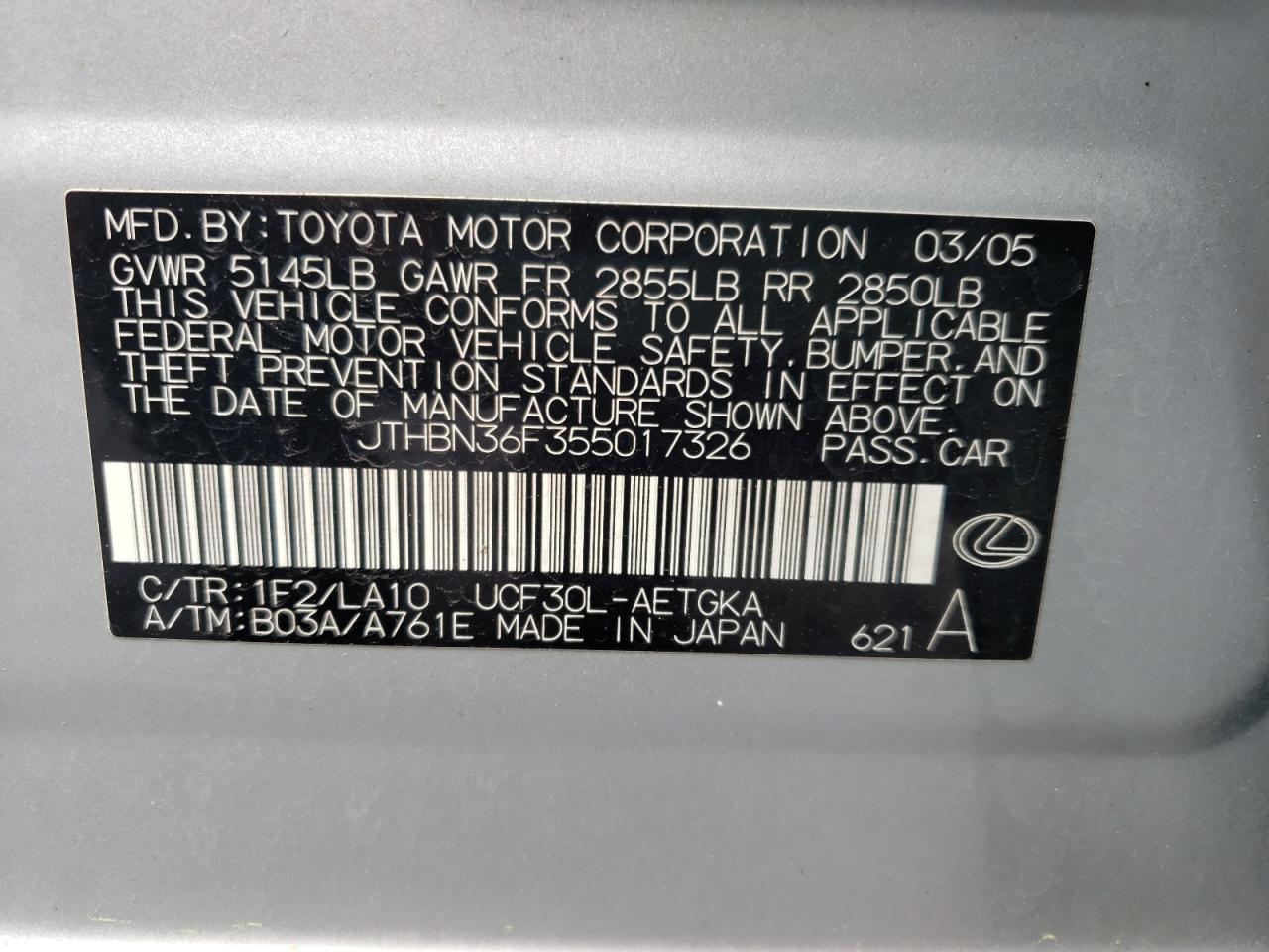 Photo 10 from auction – 2005 LEXUS LS 430 with VIN JTHBN36F355017326