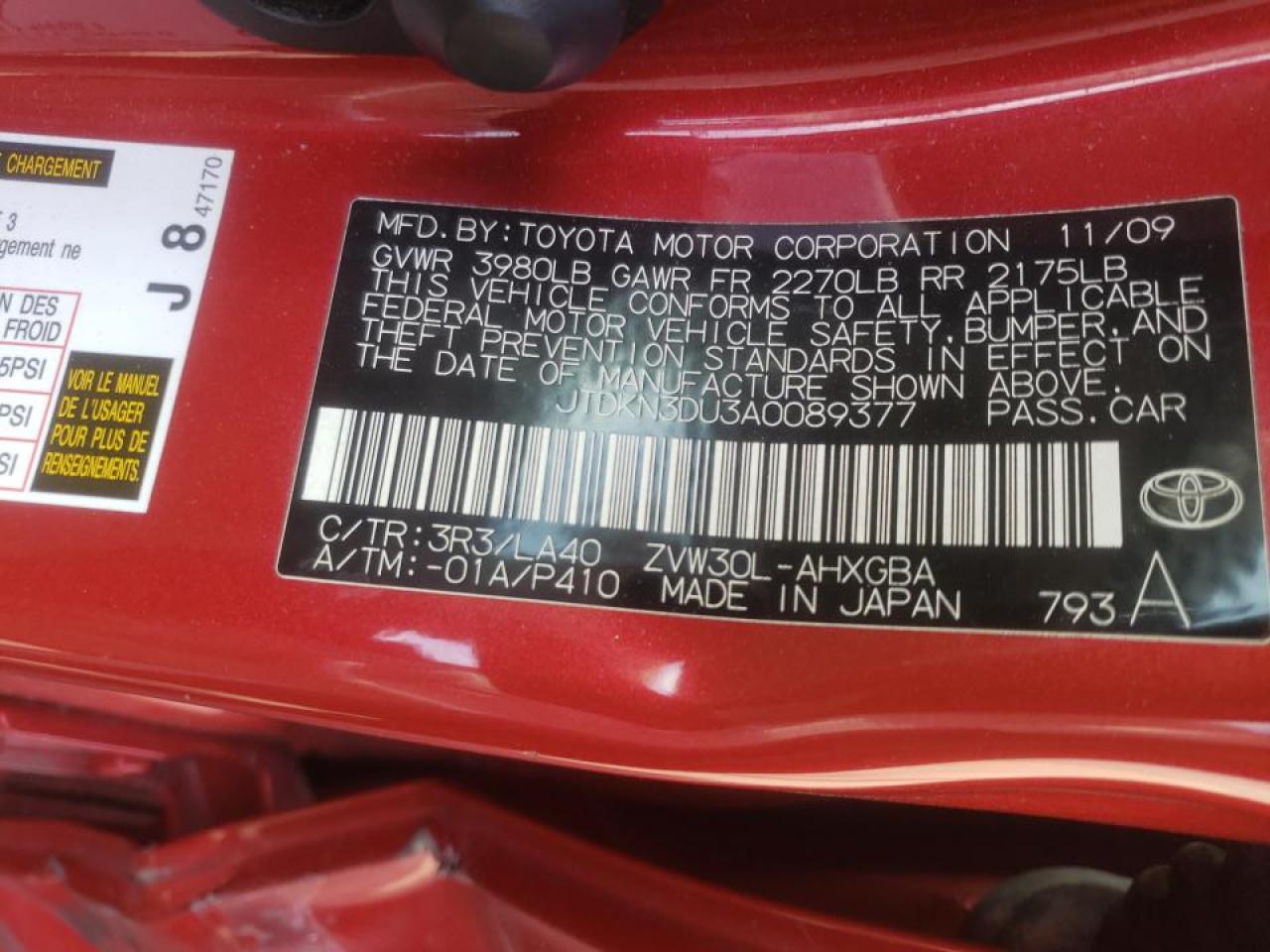 Photo 10 from auction – 2010 TOYOTA PRIUS with VIN JTDKN3DU3A0089377