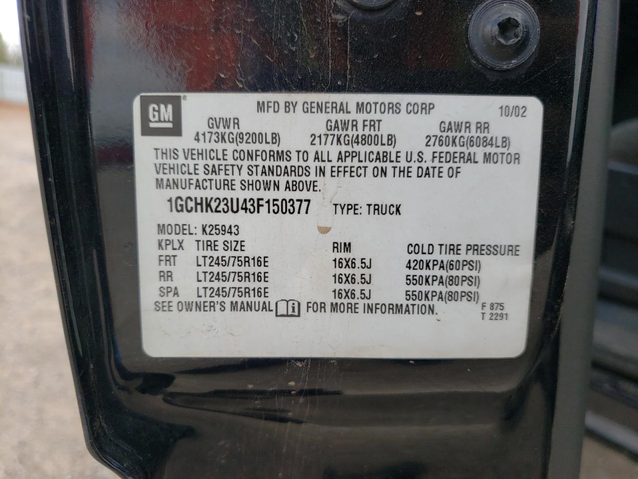 Photo 10 from auction – 2003 CHEVROLET SILVERADO with VIN 1GCHK23U43F150377