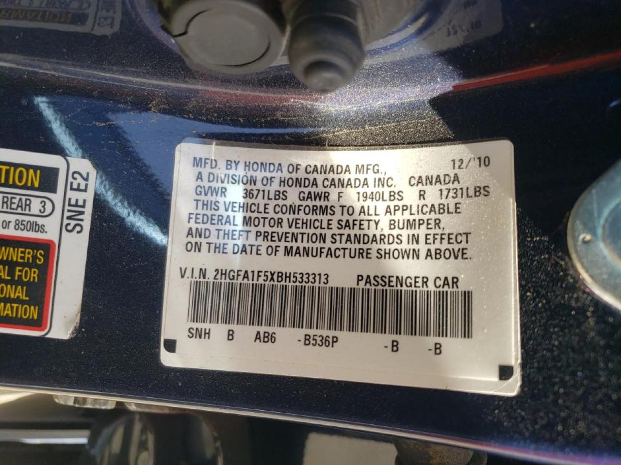 Photo 10 from auction – 2011 HONDA CIVIC with VIN 2HGFA1F5XBH533313