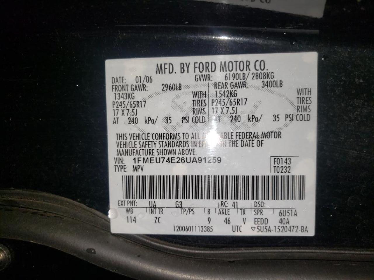 Photo 10 from auction – 2006 FORD EXPLORER E with VIN 1FMEU74E26UA91259