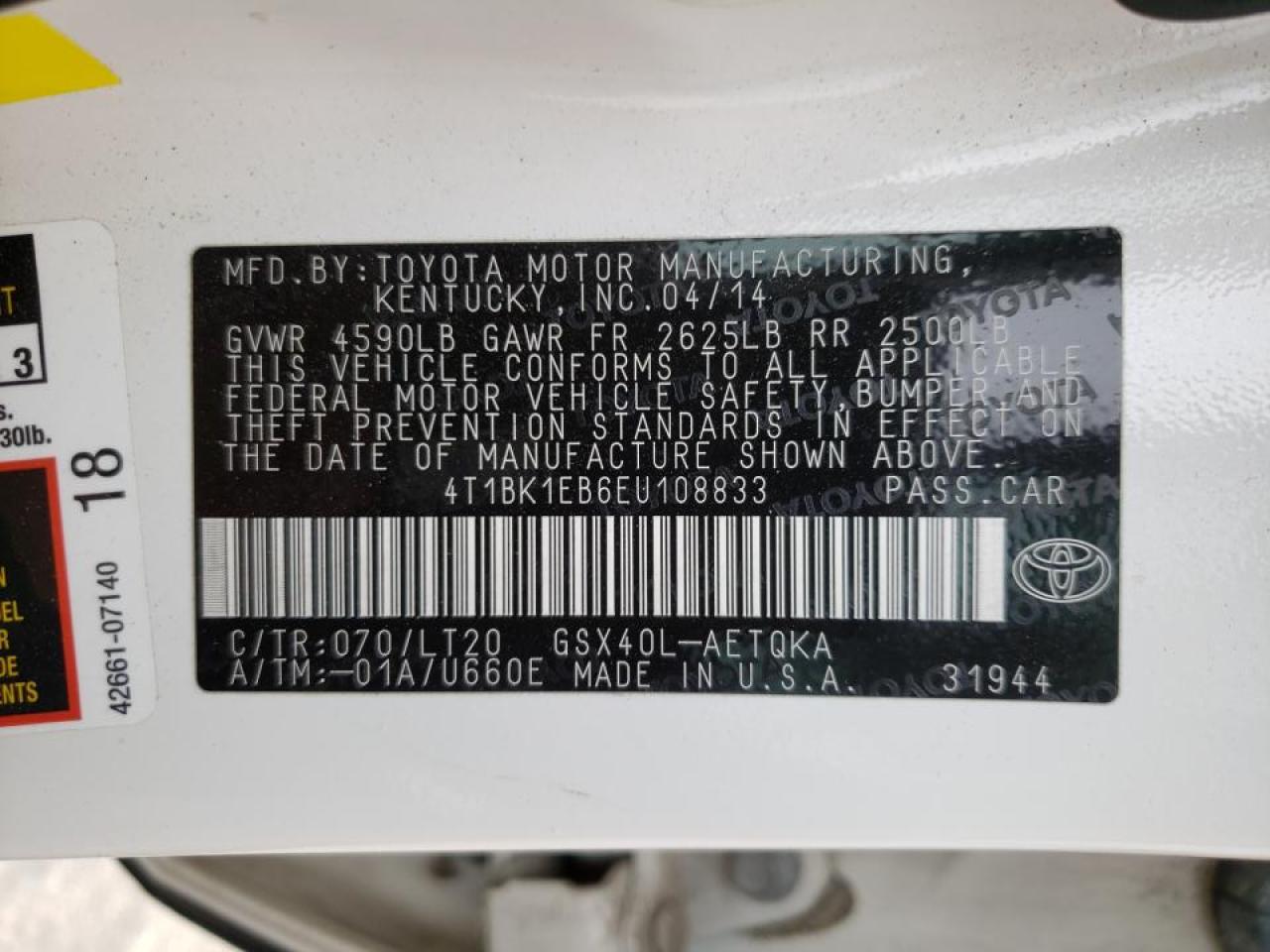 Photo 10 from auction – 2014 TOYOTA AVALON BAS with VIN 4T1BK1EB6EU108833