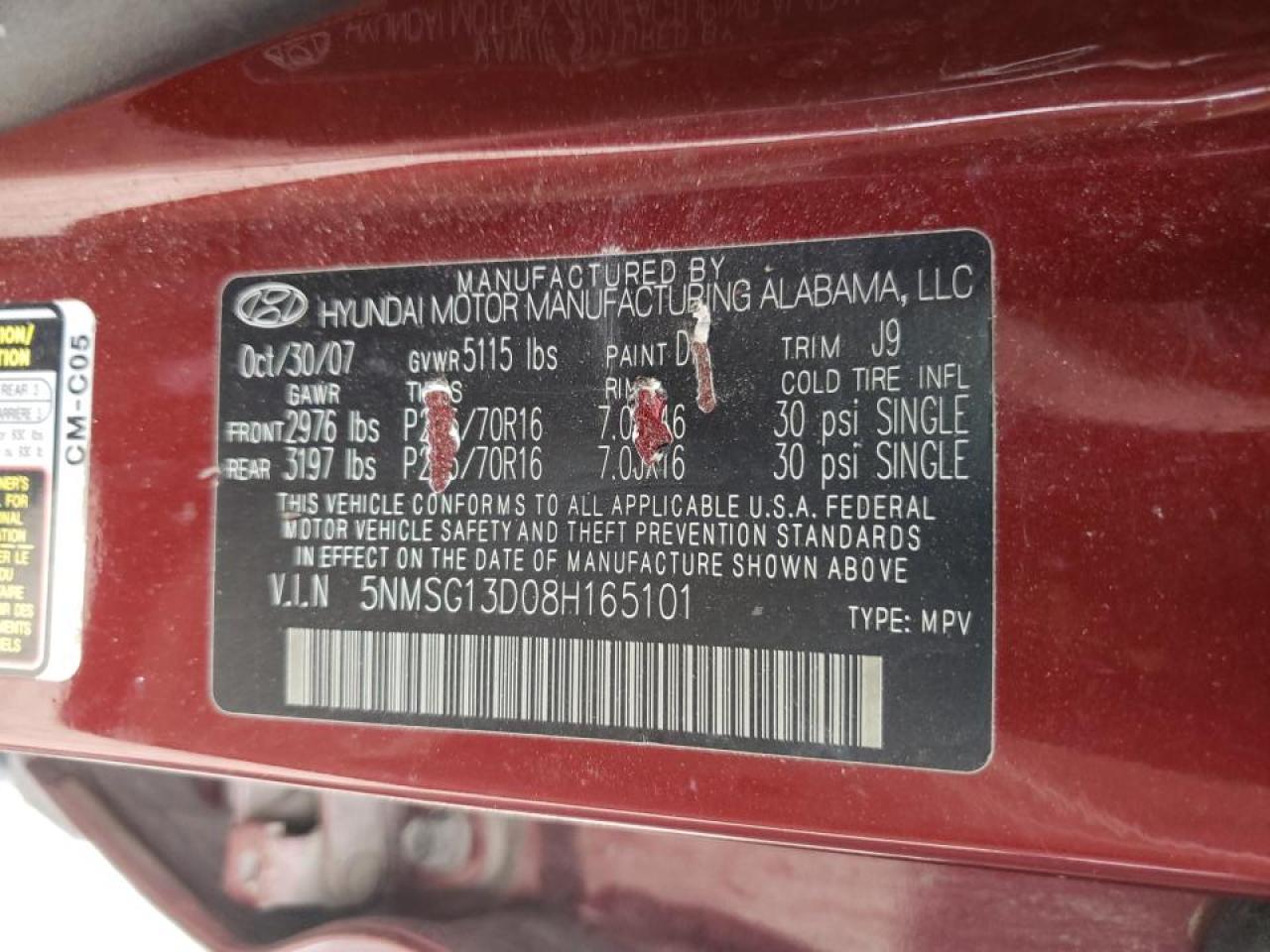 Photo 10 from auction – 2008 HYUNDAI SANTA FE G with VIN 5NMSG13D08H165101