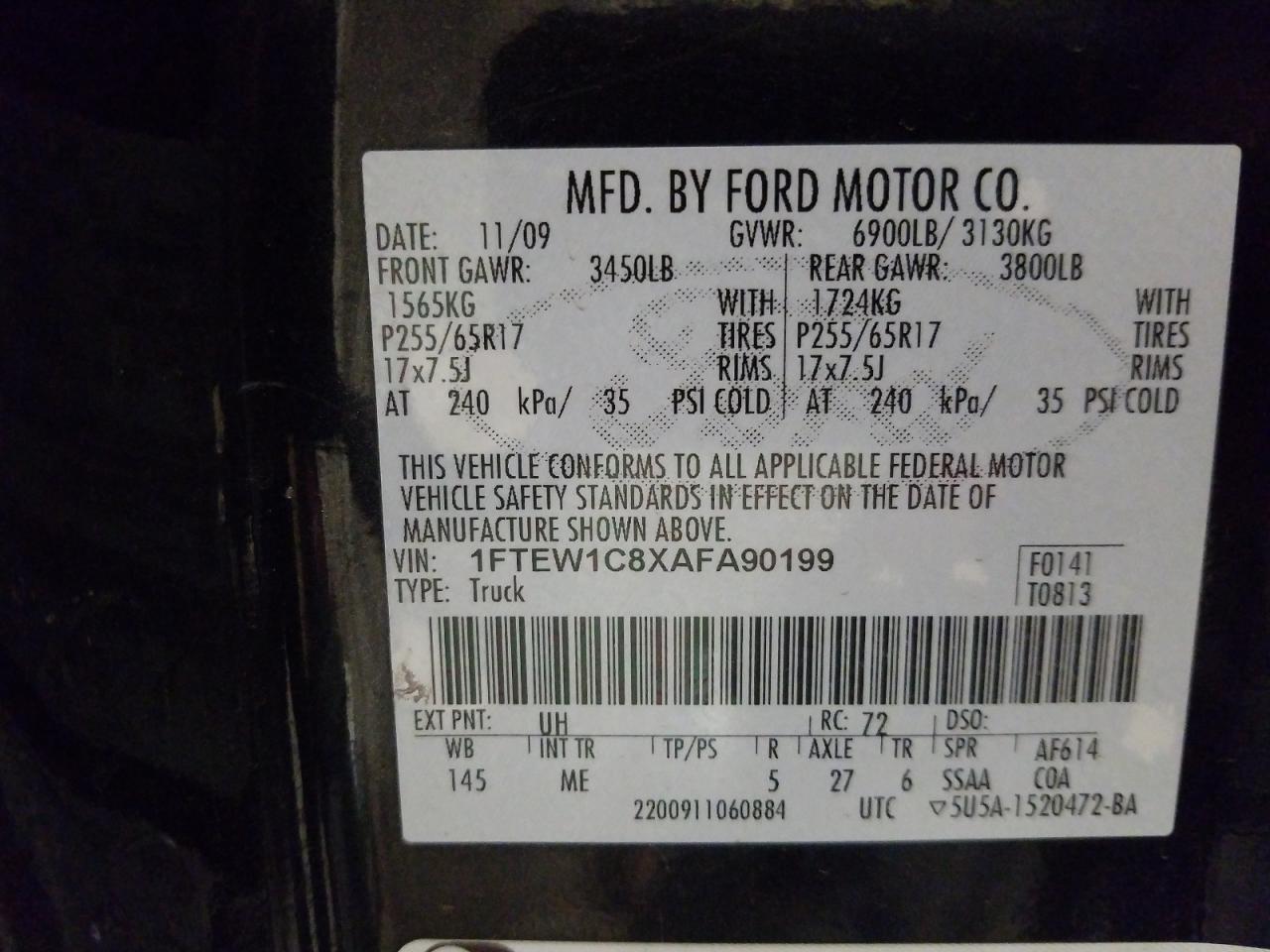 Photo 10 from auction – 2010 FORD F150 SUPER with VIN 1FTEW1C8XAFA90199