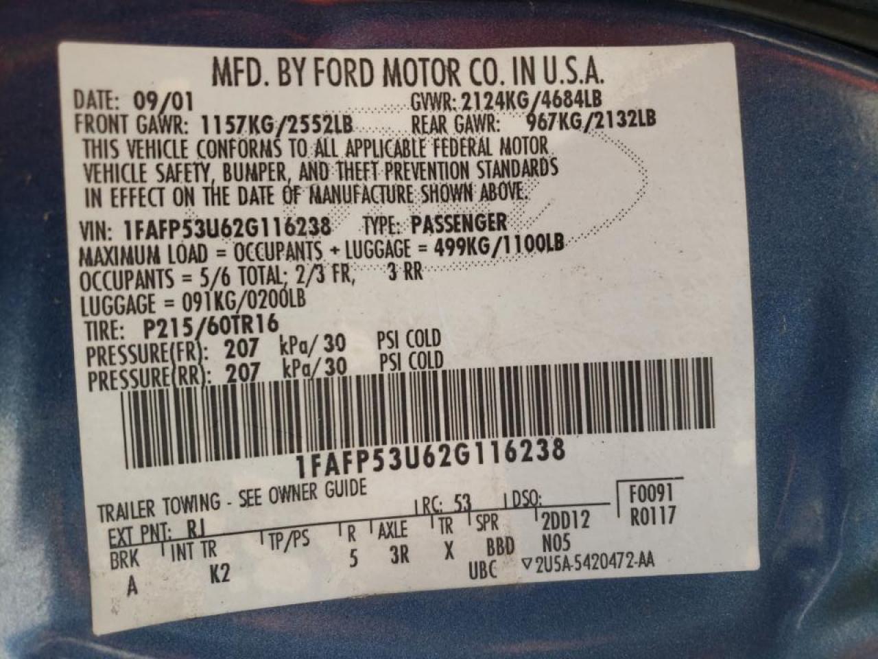 Photo 10 from auction – 2002 FORD TAURUS SE with VIN 1FAFP53U62G116238