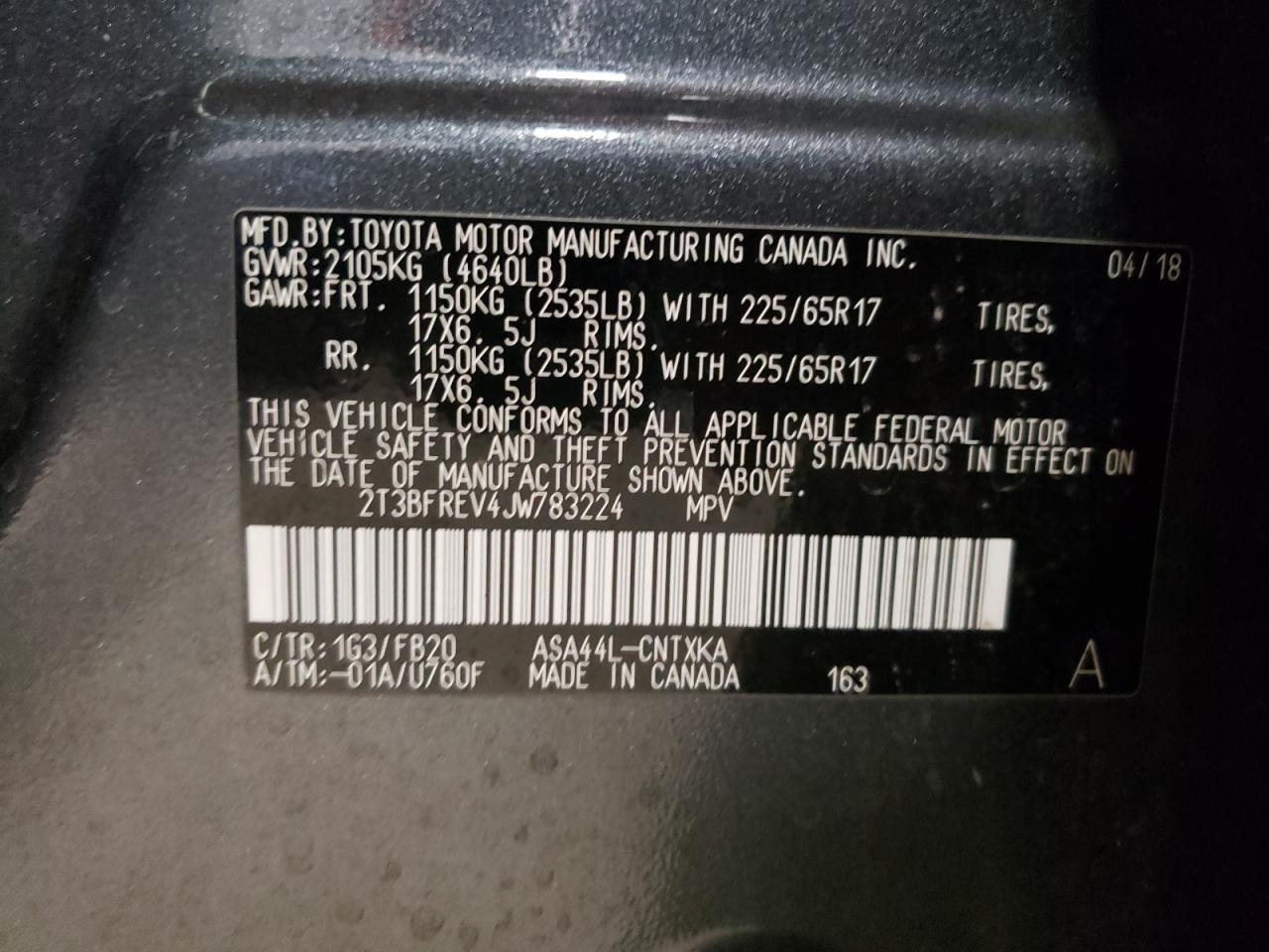 Photo 10 from auction – 2018 TOYOTA RAV4 LE with VIN 2T3BFREV4JW783224