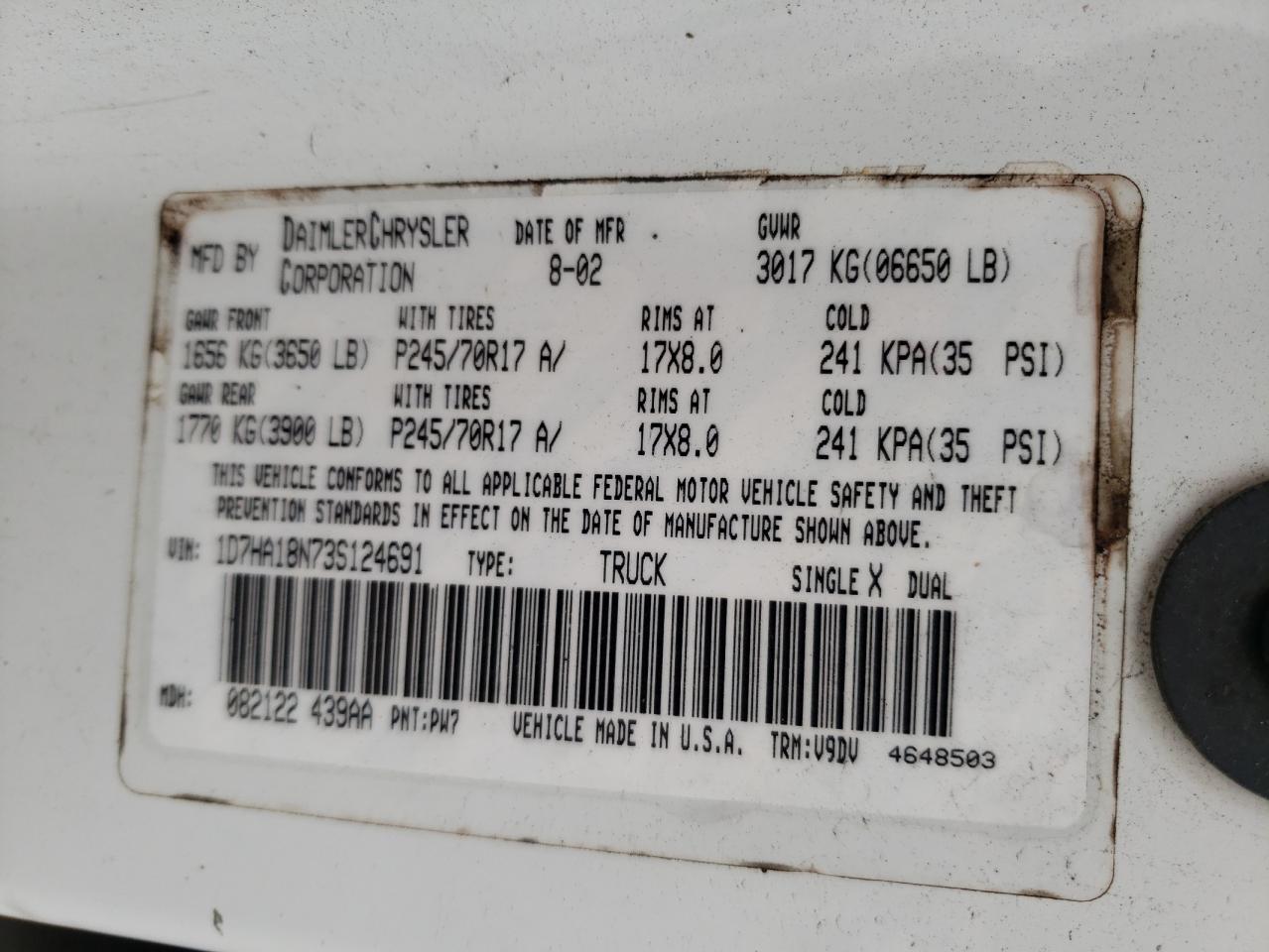 Photo 10 from auction – 2003 DODGE RAM 1500 S with VIN 1D7HA18N73S124691