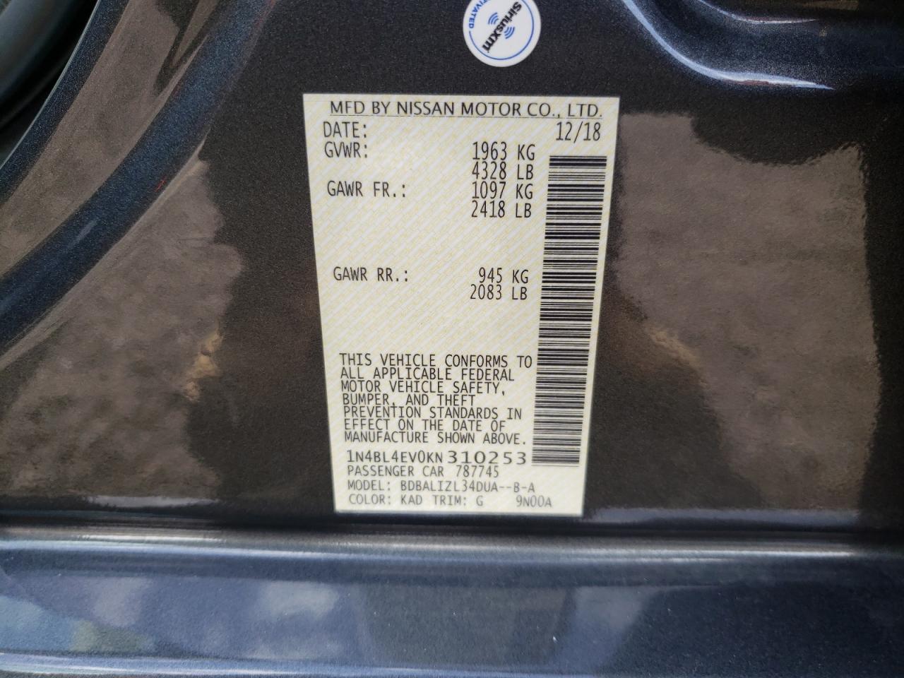 Photo 10 from auction – 2019 NISSAN ALTIMA SL with VIN 1N4BL4EV0KN310253