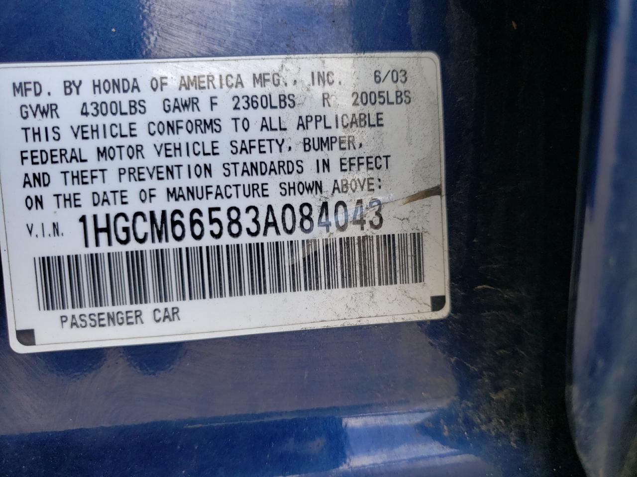 Photo 10 from auction – 2003 HONDA ACCORD with VIN 1HGCM66583A084043