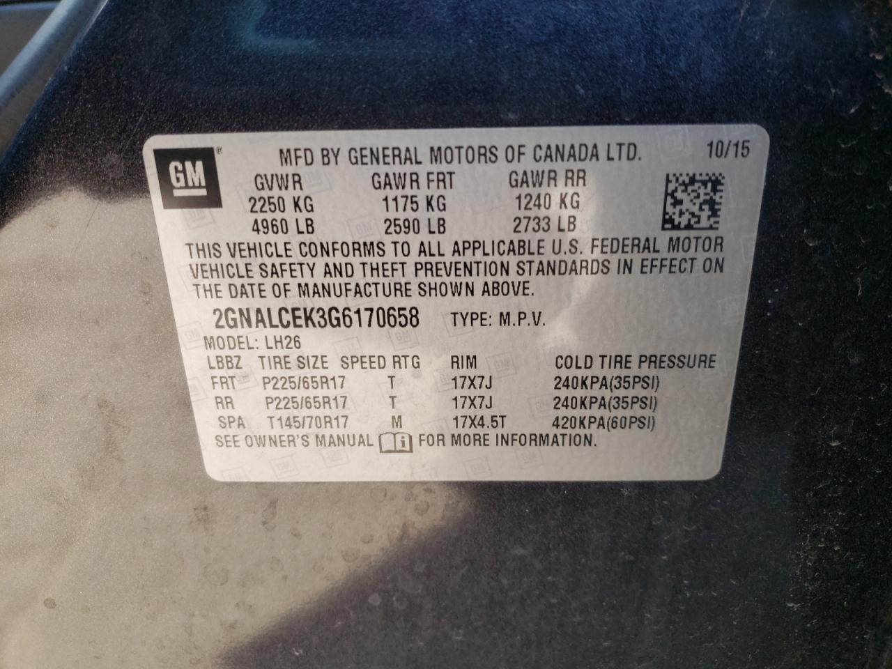 Photo 10 from auction – 2016 CHEVROLET EQUINOX LT with VIN 2GNALCEK3G6170658