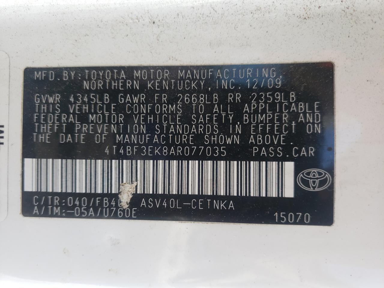 Photo 10 from auction – 2010 TOYOTA CAMRY BASE with VIN 4T4BF3EK8AR077035