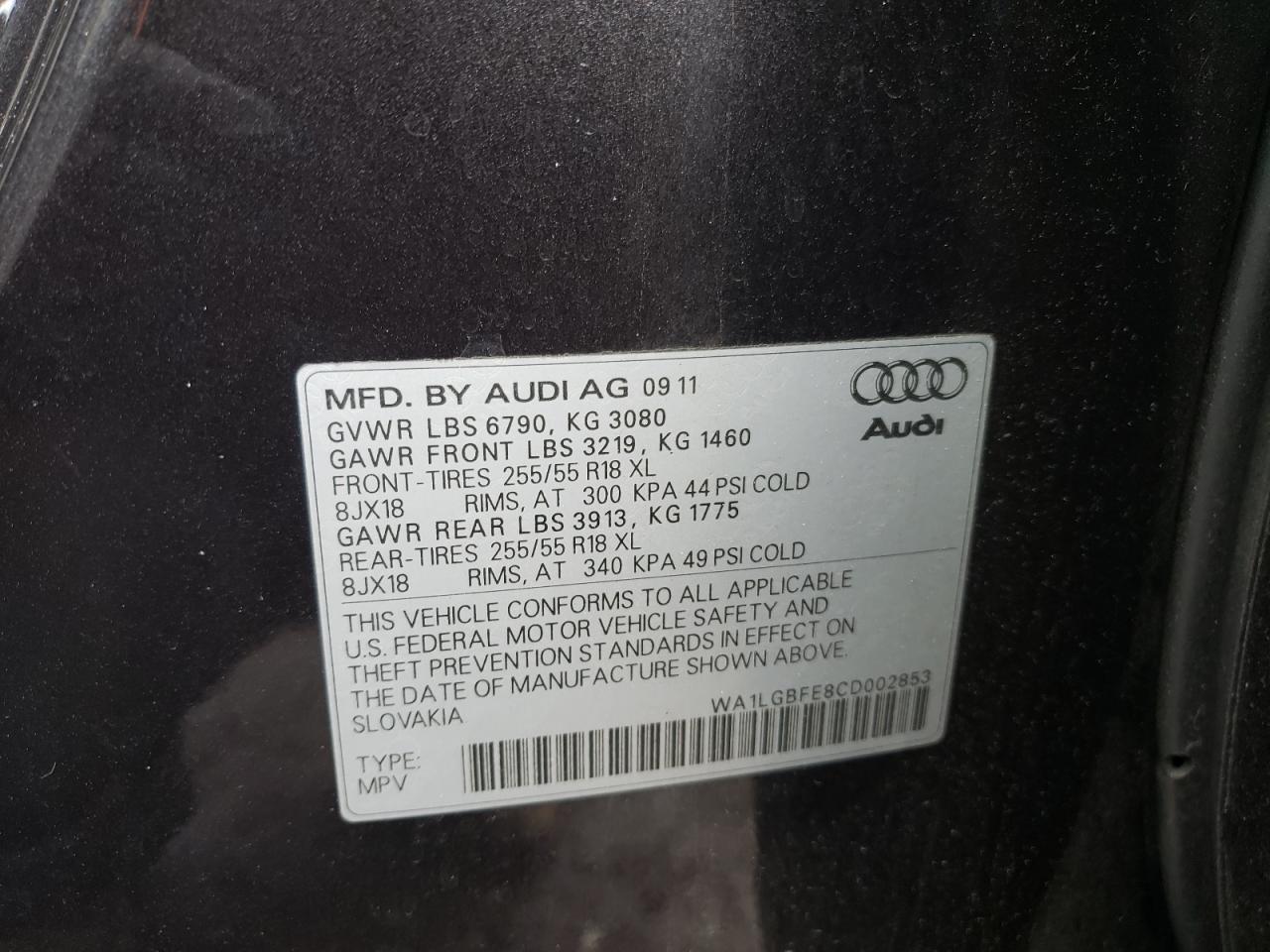 Photo 10 from auction – 2012 AUDI Q7 PREMIUM with VIN WA1LGBFE8CD002853
