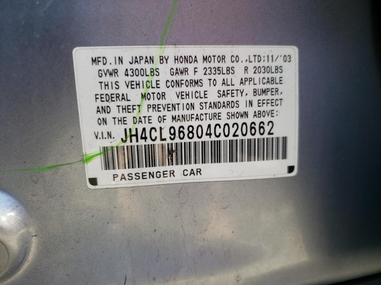 Photo 10 from auction – 2004 ACURA TSX with VIN JH4CL96804C020662