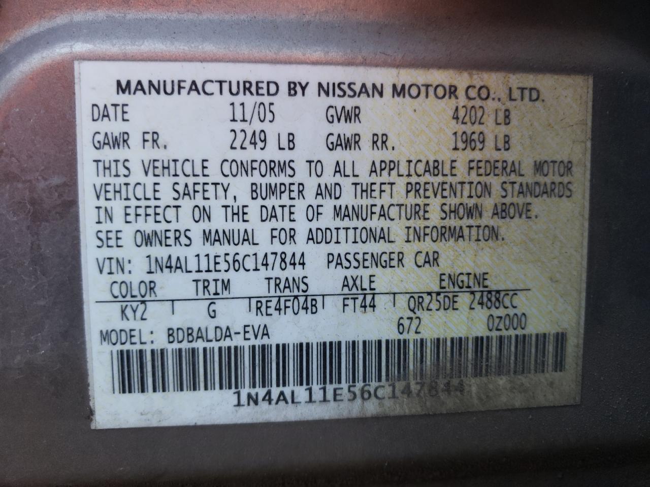 Photo 10 from auction – 2006 NISSAN ALTIMA S with VIN 1N4AL11E56C147844