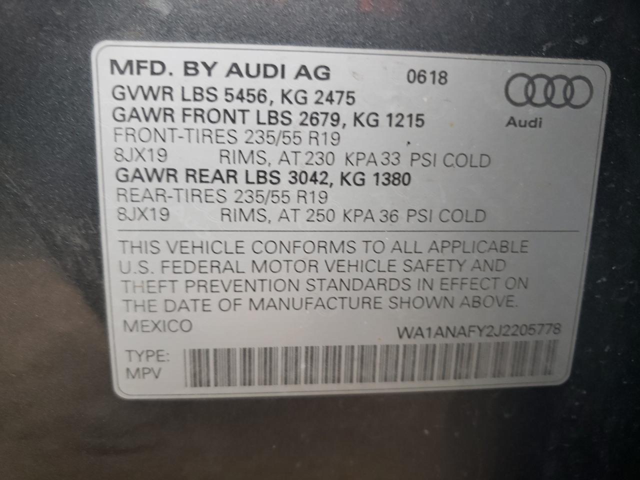 Photo 10 from auction – 2018 AUDI Q5 PREMIUM with VIN WA1ANAFY2J2205778