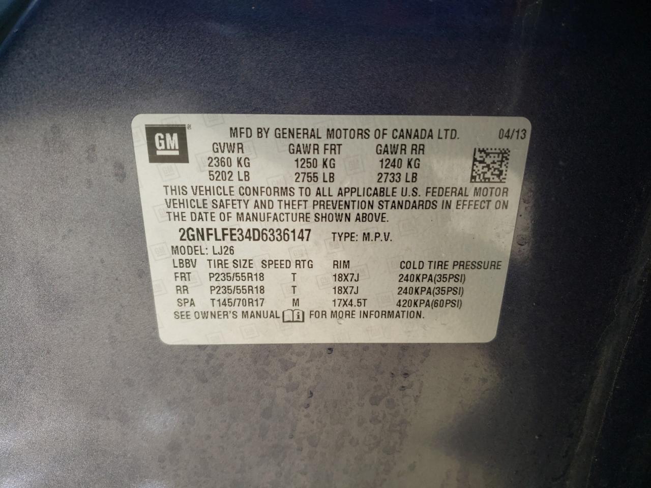 Photo 10 from auction – 2013 CHEVROLET EQUINOX LT with VIN 2GNFLFE34D6336147