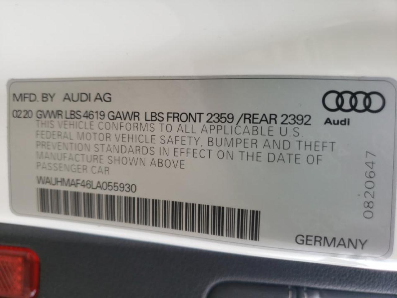 Photo 10 from auction – 2020 AUDI A4 PREMIUM with VIN WAUHMAF46LA055930