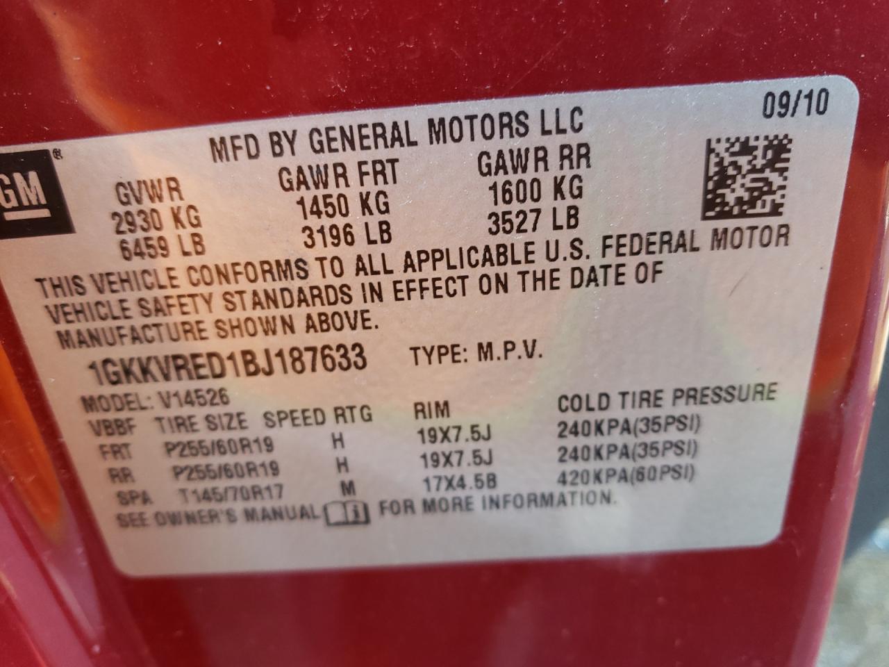 Photo 10 from auction – 2011 GMC ACADIA SLT with VIN 1GKKVRED1BJ187633